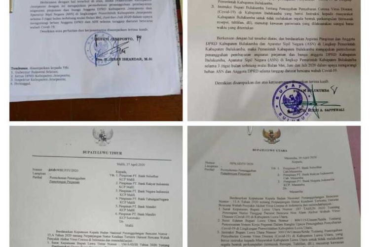 Surat permohonan empat bupati di Sulsel kepada bank-bank untuk menangguhan pembayaran kredit bagi anggota DPRD dan Aparatur Sipil Negara (ASN) yang terdampak vorus corona.