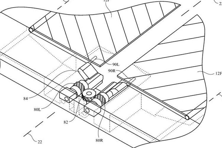 Ilustrasi mekanisme lipatan di ponsel lipat Apple yang tampak bisa digabungkan dengan komponen penutup (flaps).