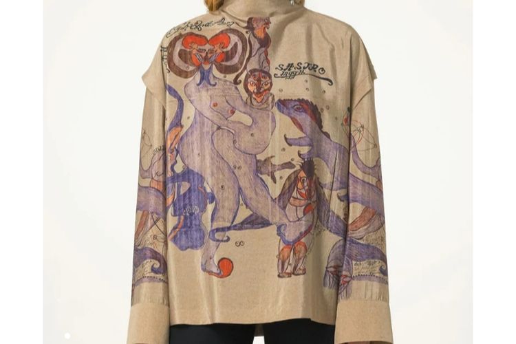 Blus hasil kolaborasi antara merek fesyen Prancis, Lemaire, bersama seniman asal Indonesia bernama Noviadi Angkasapura di Golden Globes 2024.