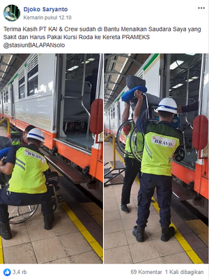 Tangkapan layar dari sebuah unggahan petugas Stasiun Solo Balapan bantu angkat penumpang yang gunakan kursi roda saat hendak naik kereta api.