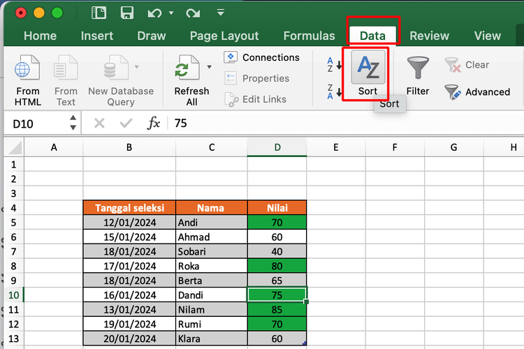 Ilustrasi cara mengurutkan data di Excel untuk cell dengan format tertentu.