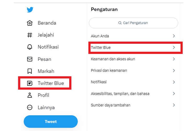 Twitter Blue akhirnya resmi hadir di Indonesia. Cara mengaksesnya bisa dilakukan dengan mengeklik menu Twitter Blue di panel sebelah kiri layar atau lewat menu Pengaturan.