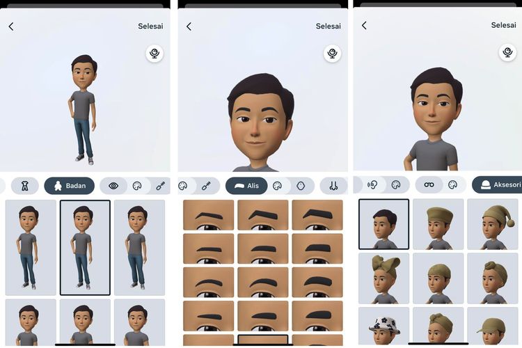 Tampilan pilihan modifikasi karakter animasi pada avatar WhatsApp.