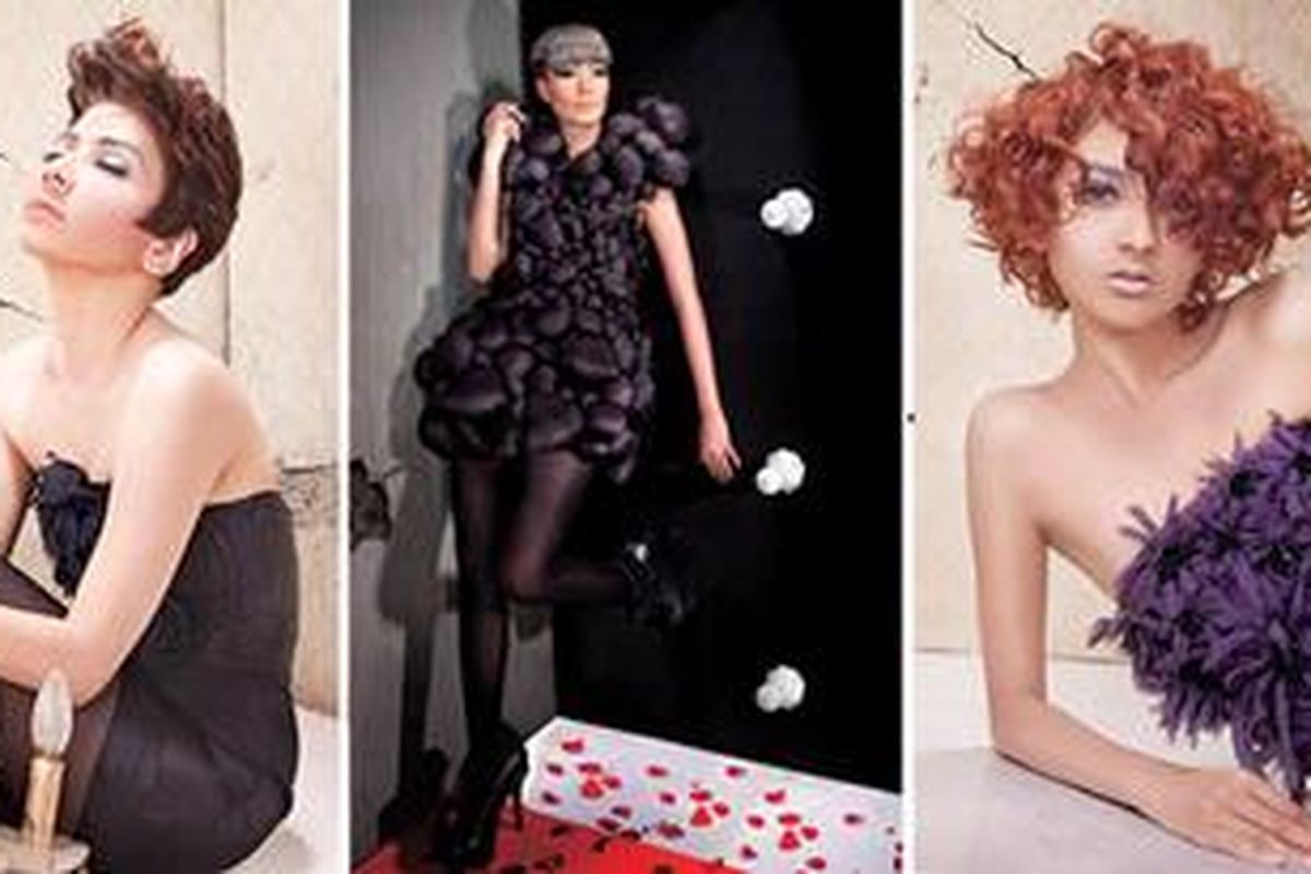 Tren tata rambut 2012 Rudy Hadisuwarno, elegan-ekstrem bertema En Amour. Kiri-kanan: Agitator, Promenade, Luminosity. 