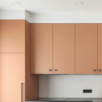 Ilustrasi kabinet dapur berwarna terracotta.