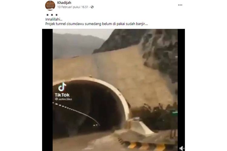 Tangkapan layar unggahan hoaks yang menyebut terjadi banjir di terowongan Tol Cisumdawu.