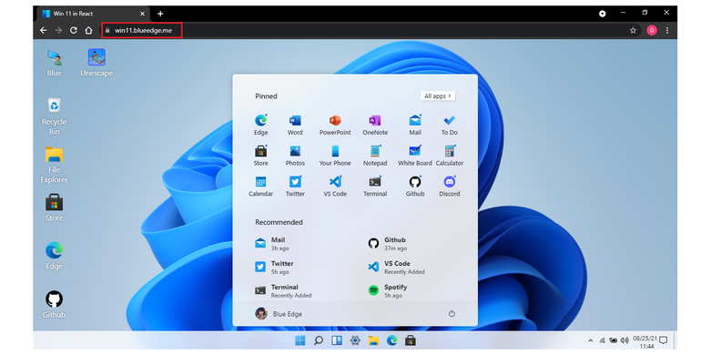 Tampilan laman demonstrasi Windows 11 dari Blue Edge, yang bisa diakses melalui browser.