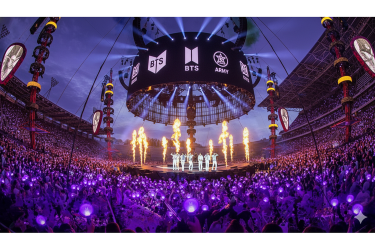 Ilustrasi suasana venue konser BTS world tour 2026 dengan panggung 360 derajat dan purple ocean.