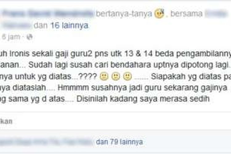 Status pengguna Facebook tentang pemotongan gaji ke-13 untuk guru di lingkungan Kecamatan Gunungsitoli, Kota Gunungsitoli, Sumatera Utara.