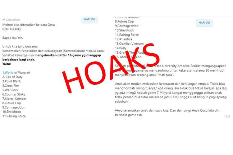 Hoaks Kemendikbud memberikan daftar 16 game yang berbahaya bagi anak-anak yang beredar di media sosial Facebook dan aplikasi pesan WhatsApp.
