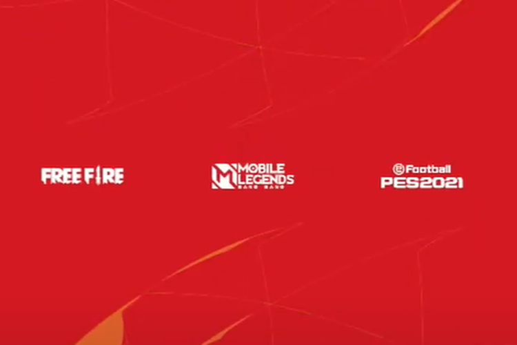 Ilustrasi game Free Fire, Mobile Legends, dan eFootball PES 2021.