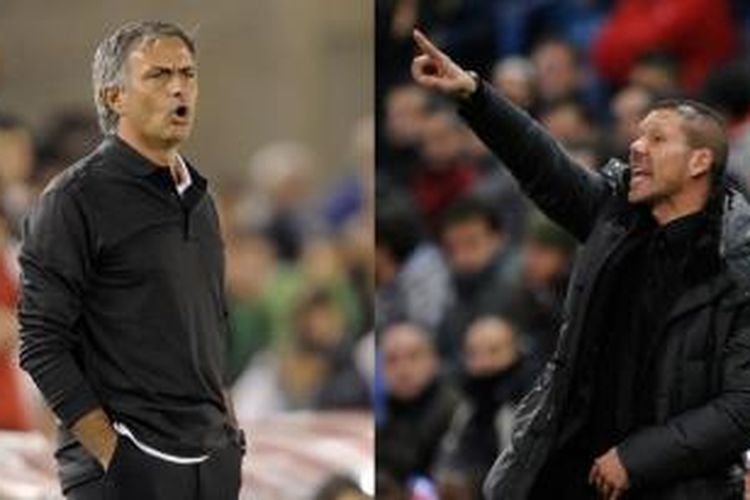 Manajer Chelsea, Jose Mourinho, dan pelatih Atletico Madrid, Diego Simeone. 