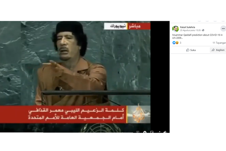 Tangkapan layar klaim yang menyatakan Muammar Gaddafi sudah memprediksi pandemi Covid-19.