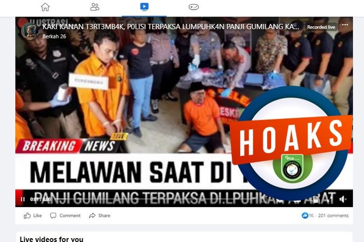 Tangkapan layar Facebook narasi yang menyebut polisi menembak kaki kanan Panji Gumilang karena melawan saat akan ditangkap