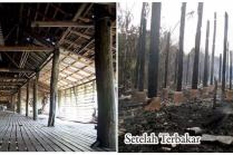 Kondisi Rumah Betang Sungalok Apalin sebelum dan sesudah peristiwa kebakaran yang terjadi Sabtu (13/9/2014) tengah malam.