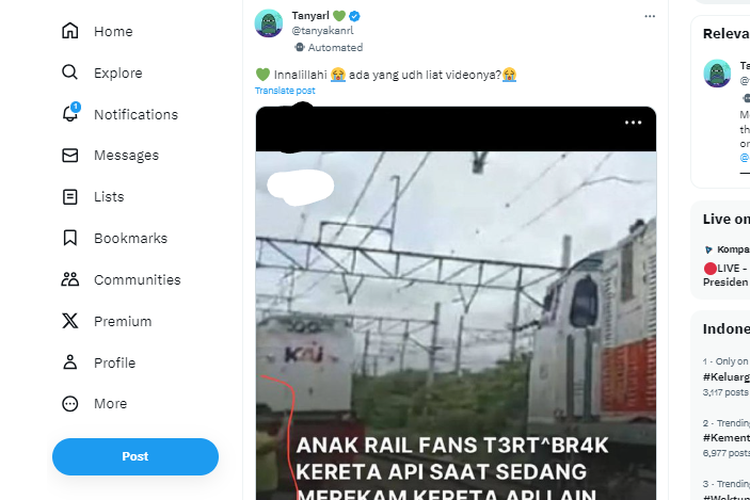 Tangkapan layar unggahan yang memperlihatkan seorang anak tertabrak saat merekam kereta api