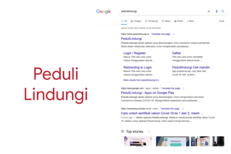 Ilustrasi pencarian topik di Google berdasarkan kata kunci PeduliLindungi.