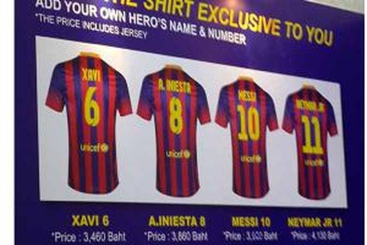 Harga jersey sejumlah pemain Barcelona yang dijual di toko resmi Barcelona di Thailand.