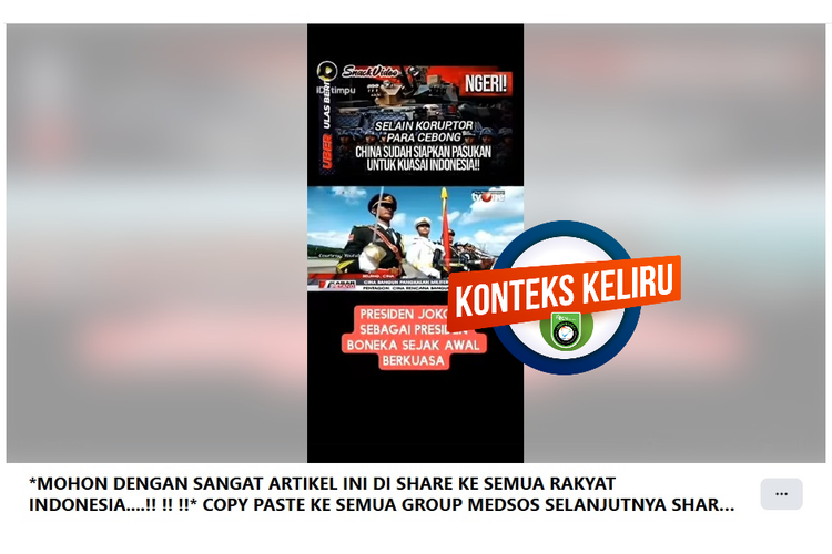 Tangkapan layar Facebook narasi yang mengeklaim China akan membangun pangkalan militer di Indonesia