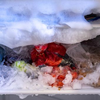 Ilustrasi bunga es menumpuk dalam freezer. 