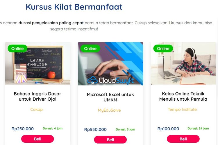 Beragam jenis pelatihan dari program Kartu Prakerja yang ada di platform Pintaria