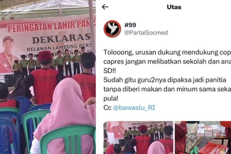 Kolase foto dan cuitan akun Twitter@PartaiSocmed yang menyebut acara deklarasi Relawan Ganjar Pranowo di Lampung melibatkan anak-anak dan digelar di halaman sebuah sekolah.