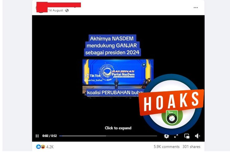 Tangkapan layar Facebook narasi yang menyebut Surya Paloh mendukung Ganjar Pranowo