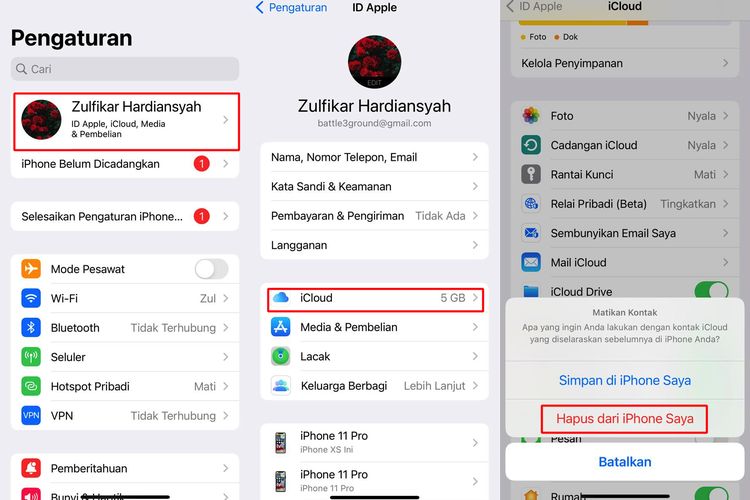 Ilustrasi cara menghapus kontak di iPhone via menu pengaturan iCloud.