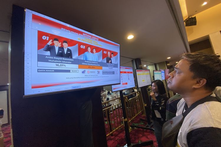 Salah seorang pewarta melihat hasil hitung cepat Pilpres 2024 yang dilakukan oleh Lembang Survei ALSHCI, Rakata, dan Kuadran di Hotel Emersia, Rabu (14/2/2024) malam.