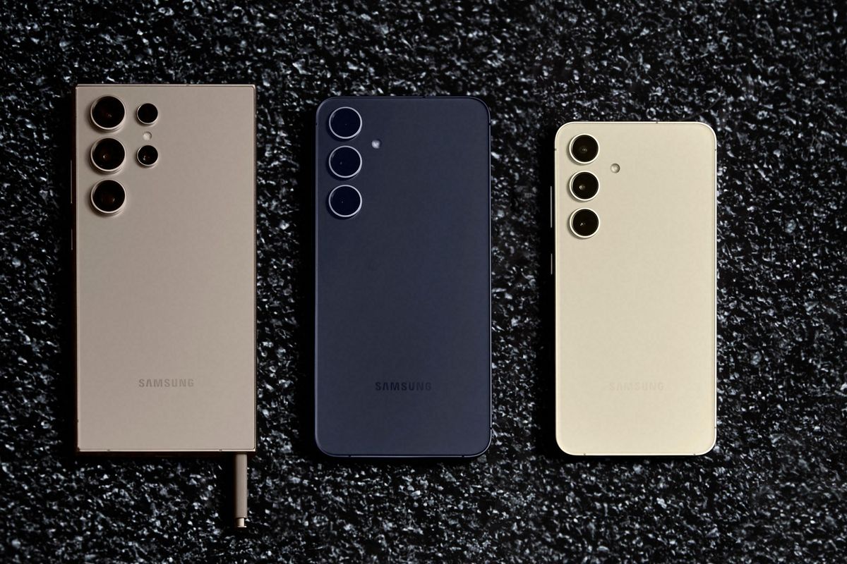 Kiri-kanan: Samsung Galaxy S24 Ultra, S24 Plus, dan S24 reguler.
