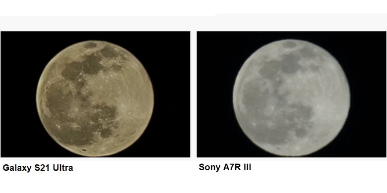 hasil perbandingan foto Bulan yang ditangkap lewat kamera Galaxy S21 Ultra dan kamera mirrorless Sony A7R III dengan lensa jarak jauh
