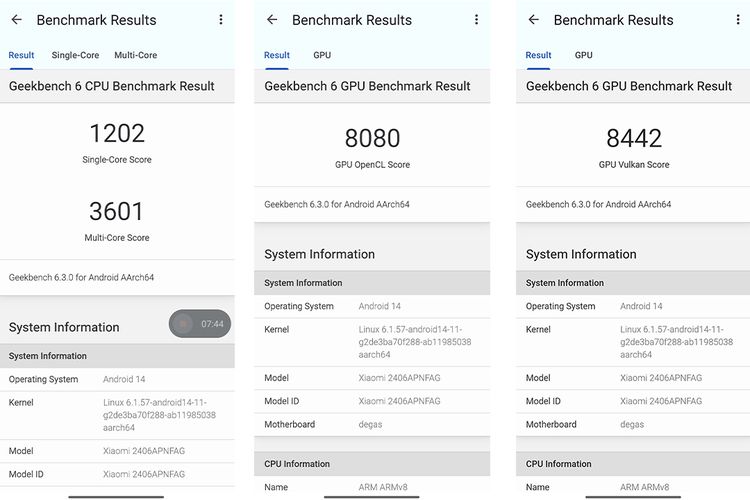 (kiri-kanan) Pengujian benchmark Geekbench 6 di Xiaomi 14T. Berikut hasil pengujian skor single core, multi-core, GPU versi OpenCL, dan GPU versi Vulkan