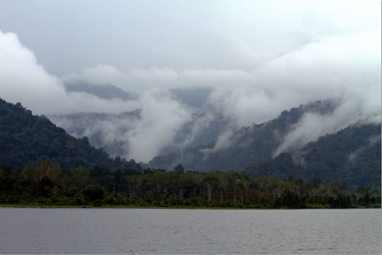 Danau Lindu dengan latar belakang Gunung Nokilalak di Taman Nasional Lore Lindu.