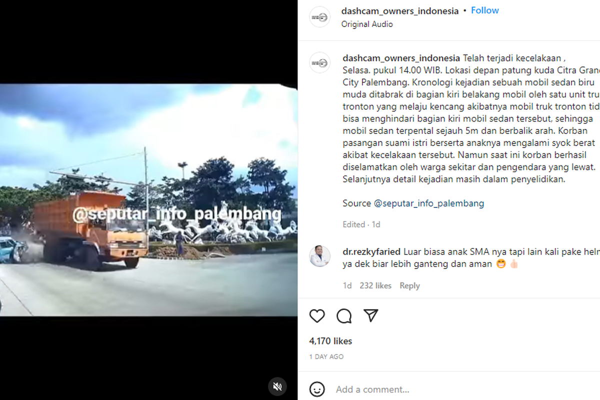 Tangkapan layar rekaman CCTV truk tronton di Palembang tabrak sedan yang diduga berhenti karena lampu merah, Selasa (7/6/2022)