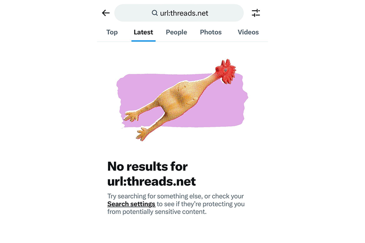 Tangkapan layar (screenshot) dari penemuan yang dilakukan pakar teknologi, Andy Baio. Ia menemukan bahwa pencarian link Threads di kolom pencarian Twitter tidak dapat dilakukan