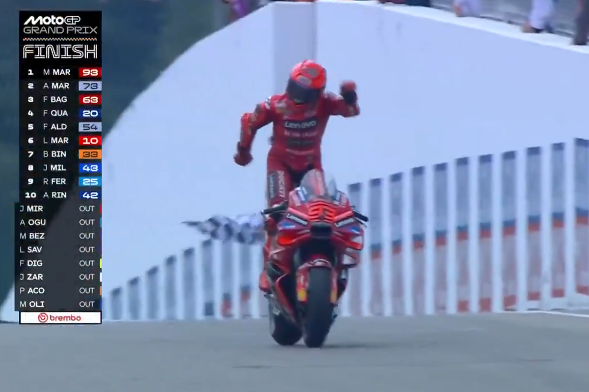 Marc Marquez menjadi pemenang MotoGP Jerman 2025 secara dominan dari awal hingga akhir dan melintasi garis finish dengan selebrasi aura farming ala Rayyan Arkan Dikha sang bocah Pacu Jalur. Balapan utama MotoGP Jeman 2025 digelar di Sirkuit Sachsenring, Minggu (13/7/2025).