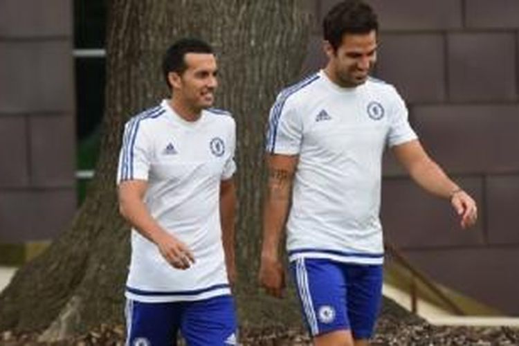 Pedro Rodriguez dan Cesc Fabregas di tempat latihan Chelsea, Cobham, Kamis (20/8/2015). 