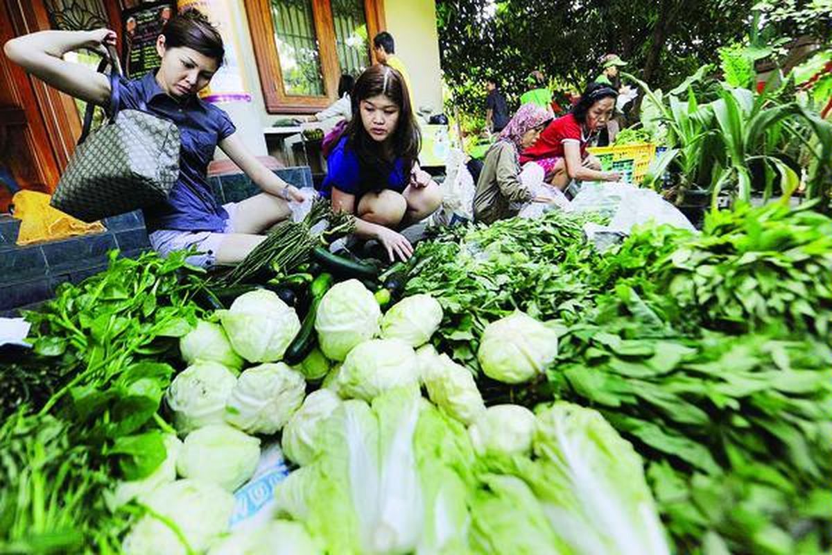 Warga memilih aneka sayur organik yang baru dipanen dari Cisarua, Jawa Barat, di Rumah Makan Sedap Alami di Kembangan, Jakarta Barat, Senin (4/4).