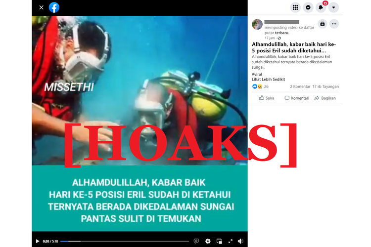 Tangkapan layar unggahan hoaks di sebuah akun Facebook, Rabu (1/6/2022), yang mengeklaim bahwa posisi Eril sudah diketahui pada pencarian hari kelima.