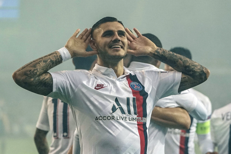 Mauro Icardi saat melakukan selebrasi  dalam pertandingan antara PSG melawan Club Brugge, Rabu (23/10/2019)