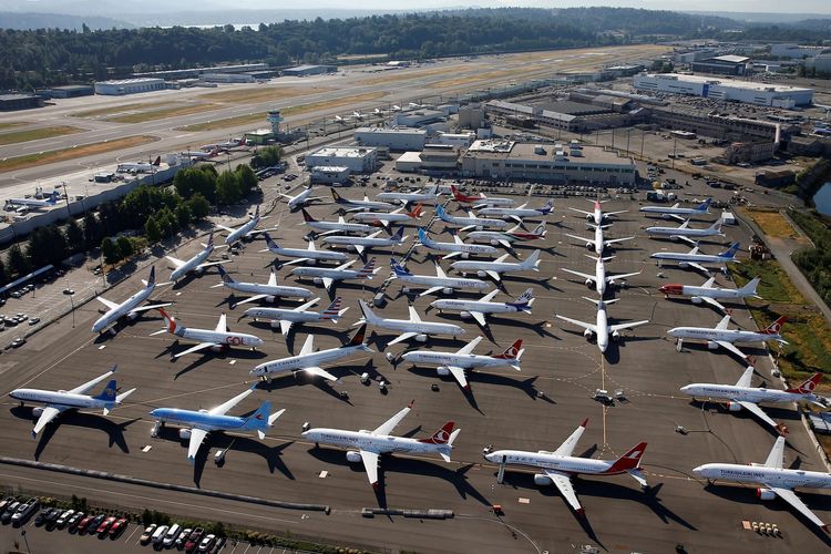 An image of Boeing 737 Max airplanes are parked in Seattle, Washington. 
