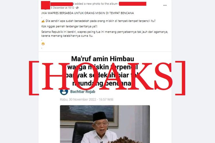 Tangkapan layar Facebook narasi yang menyebut bahwa Ma'ruf Amin mengimbau kepada warga miskin untuk bersedekah supaya tidak mengundang bencana