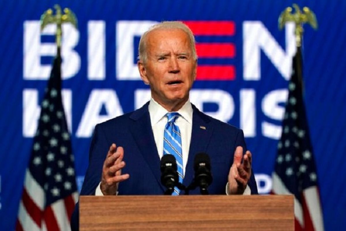 Calon Presiden Partai Demokrat Joe Biden yang di ambang kemenangan Pilpres 2020 berbicara dari kota kediamannya, Wilmington, Delaware, Rabu (04/11/2020)