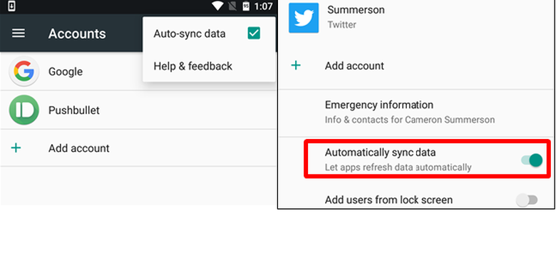 Menonaktifkan sinkronisasi otomatis pada OS Android versi lawas (kiri) dan Android Oreo (kanan).