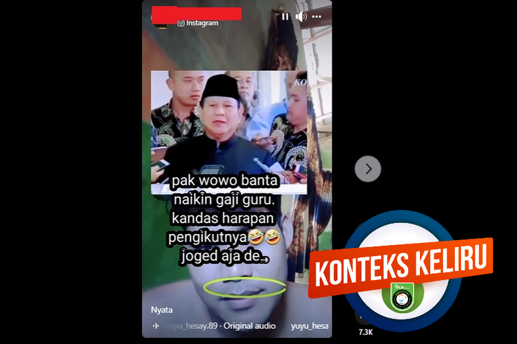 Tangkapan layar Instagram, narasi yang menyebut Prabowo membantah akan menaikan gaji guru