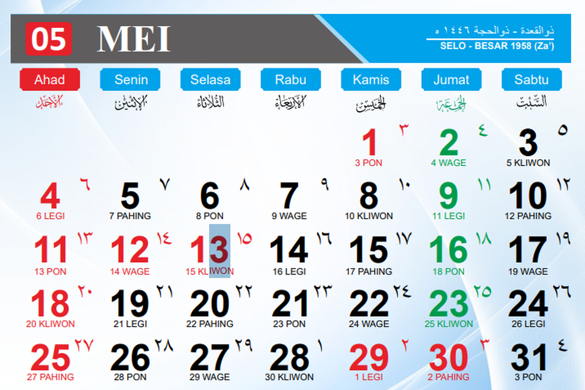 Ilustrasi kalender Mei 2025. Inilah kalender Jawa Jumat, 9 Mei 2025 lengkap dengan weton dan penanggalan Islam.