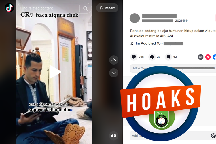 Tangkapan layar unggahan dengan narasi hoaks di sebuah akun TikTok, soal video Cristiano Ronaldo membaca Al Quran.