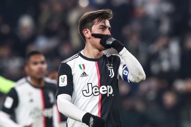 Penyerang Juventus, Paulo Dybala, merayakan gol keduanya ke gawang Udinese pada laga Coppa Italia, Kamis (16/1/2020) dini hari WIB.