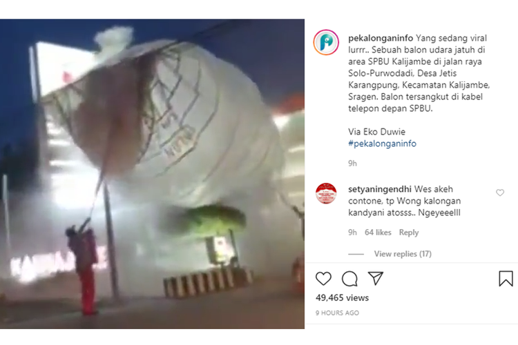 Tangkapan layar video yang menampilkan balon udara menyangkut di atas kabel di area SPBU Kalijambe, Sragen.