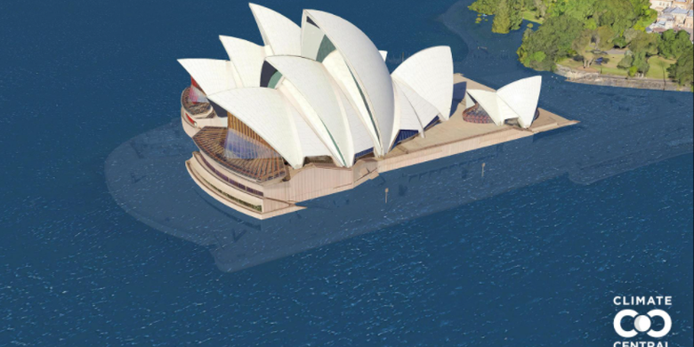 Visualisasi Sydney Opera Theater, Australia setelah suhu Bumi naik 3 derajat Celcius